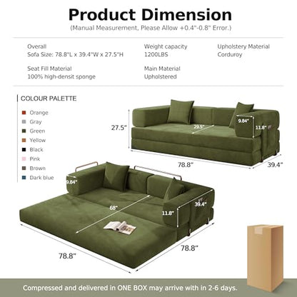 78.8''Sleeper Couch Bed for Livingroom,Convertible Modular Sofa with Armrest Pillow,Modular Foldable Corduroy Couches in a Box,No Assembly (Green)