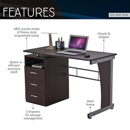48" W Computer Desk with Drawers, Home Office Desk with Storage, Heavy Duty and Water Resistant Study Table, Chocolate Brown