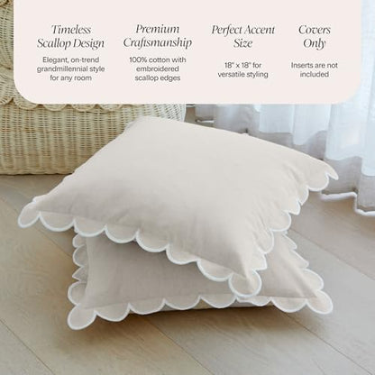 Scalloped Pillow Cover - Set of 2 - 18 x 18 Inch - Scallop Pillow Cover Natural/White/Beige - 100% Cotton - Grandmillennial Style