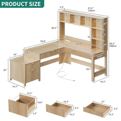 L Shaped Desk with Hutch and Drawers, 67" Computer Desk Gaming Desk with Power Outlets & LED Lights, Wood Home Office Desk with Printer Stand, Fluted Sturdy Writing Workstation, Natural Oak