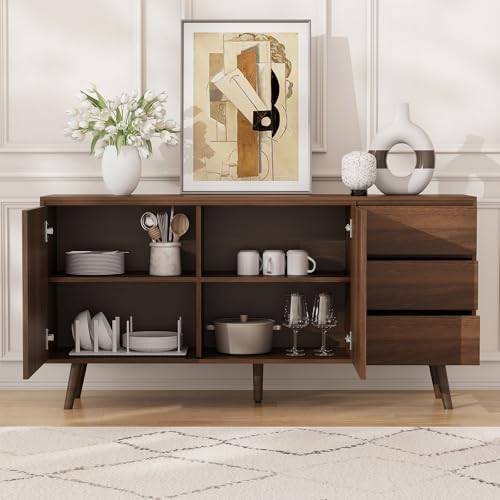 60" Buffet Cabinet with 3 Drawers and 2 Doors, Dark Brown, view 3