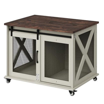 Modern Farmhouse Wooden Dog Crate Furniture with Sliding Barn Door, Turn Top, view 2