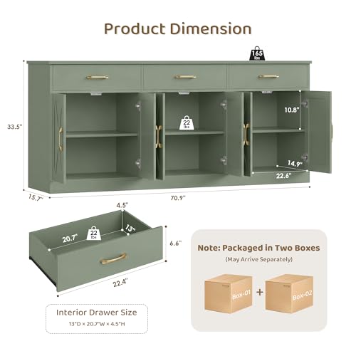 71"W Farmhouse Kitchen Sideboard Buffet Cabinet with Storage, Green, view 4
