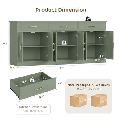 71"W Farmhouse Kitchen Sideboard Buffet Cabinet with Storage, Green, view 4