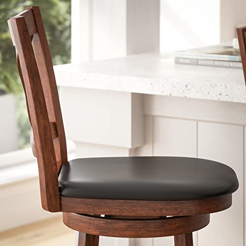 Sora Crossback Swivel Bar Height Stool - Antique Oak Finish - 30" H Padded Black Faux Leather Seat - 360° Swivel - Integrated Footrest