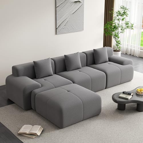 120" Cloud Modular Sectional Couch,Boneless Sofa,L-Shape Upholstered Sofas with Deep Seat,Modern Cozy Corduroy Couches with Memory Foam,No Assembly Required for Living Room(Dark Grey)