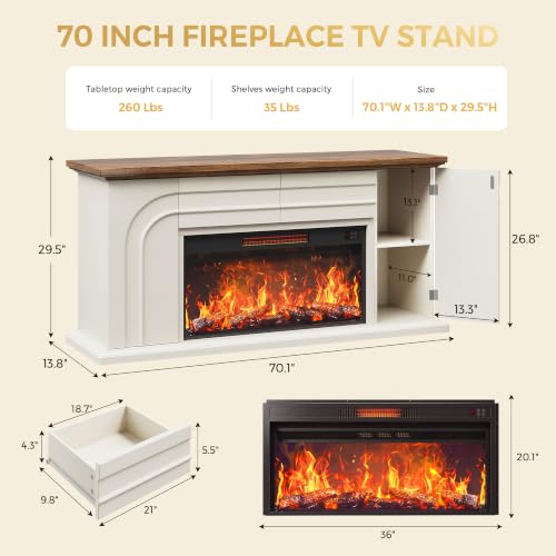 70" Farmhouse Fireplace TV Stand with 36" Fireplace, White, view 3