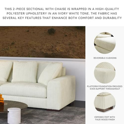 Signature Design by Ashley Lindyn Sectional, 2-Piece Couch with Chaise, Deep Seat L-Shape Sofa, Sag-Resistant Platform Foundation and Wide Cord Fabric Upholstery for Living Rooms, Ivory
