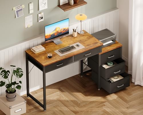 Computer Desk with 5 Drawers, 53 Inch Office Desk with Printer Shelf, Reversible Work Desk for Home Office, Writing Table Desk for Storage, Rustic Brown