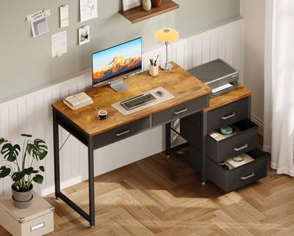 Computer Desk with 5 Drawers, 53 Inch Office Desk with Printer Shelf, Reversible Work Desk for Home Office, Writing Table Desk for Storage, Rustic Brown