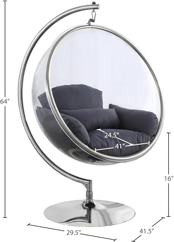Meridian Furniture 507Grey Luna Collection Modern | Contemporary Clear Acrylic Accent Swing Chair with Durable Metal Base and Fabric Seat, Grey, Chrome Finish, 41.5" W x 29.5" D x 64" H