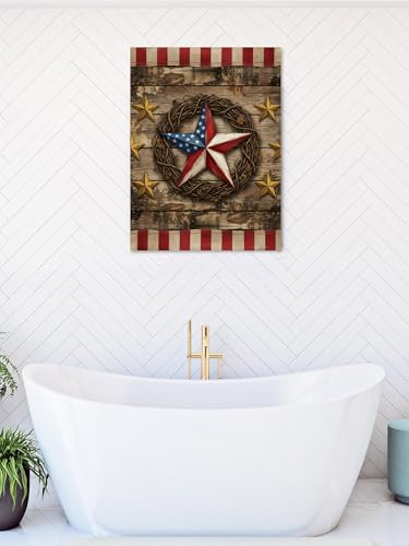 Farm Western Stars Stripe Wood Grain Canvas Wall Art Prints,40"x28" Framed Picture Artwork 4th of July Patriotic Flag Printed Canvas Oil Painting for Living Room Bedroom Office,Ready to Hang