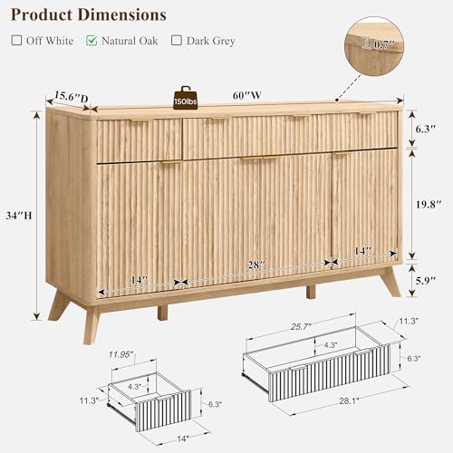 Fluted Storage Cabinet with Drawers, 60" Morden Buffet Sideboard Coffee Bar Cabinet with 4 Doors and 3 Drawers for Dining Room, Living Room,Hallway (Natural Oak)