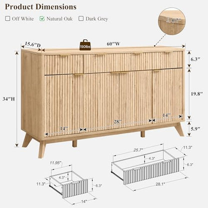 Fluted Storage Cabinet with Drawers, 60" Morden Buffet Sideboard Coffee Bar Cabinet with 4 Doors and 3 Drawers for Dining Room, Living Room,Hallway (Natural Oak)
