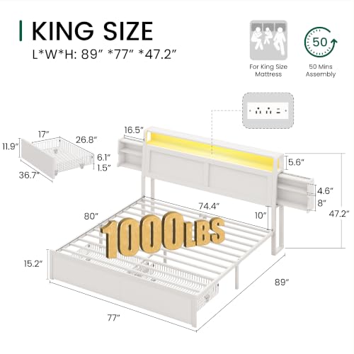 King Size Wooden Bed Frame with Storage Drawer and LED Headboard, view 4