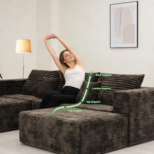 110" U Shaped Sectional Sofa with 2 Ottomans, Modular Corduroy Boneless Cloud Couch, Oversized Deep Seat Sofa for Living Room, Flexible Combination Design, No Assembly Required
