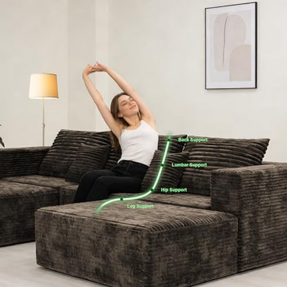 110" U Shaped Sectional Sofa with 2 Ottomans, Modular Corduroy Boneless Cloud Couch, Oversized Deep Seat Sofa for Living Room, Flexible Combination Design, No Assembly Required