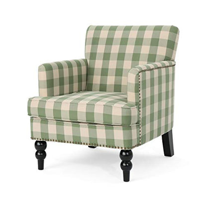 Eve Modern Upholstered Club Chair, Wooden Living Room Accent Chair, Comfy Bedroom Reading Chair, Multifunctional Armchair, Green Checkerboard