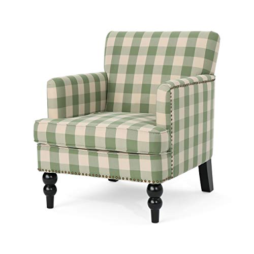 Eve Modern Upholstered Club Chair, Wooden Living Room Accent Chair, Comfy Bedroom Reading Chair, Multifunctional Armchair, Green Checkerboard