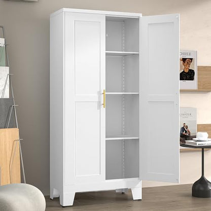 Metal Pantry Cabinet with 2 Doors and Adjustable Shelves - 61" Kitchen Storage Cabinet with Gold Handles - Versatile Storage for Kitchen, Bathroom, Dining Room, Utility Room - White