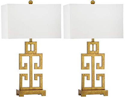 SAFAVIEH Lighting Collection – Greek Key Table Lamp Set of 2 – Antique Gold Metal Base with White Fabric Shade, LED Bulbs Included, 29-Inch Bedroom Living Room Desk Lamps (LIT4305A-SET2)