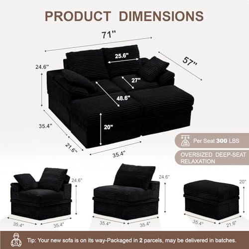 71" Modular Loveseat Sofa with Storage, 2-Seater Boneless Couch with Ottoman, 48" Deep Seat Corduroy Cloud Couch for Small Spaces Apartment, Tool-Free Assembly, Black