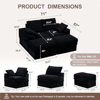 71" Modular Loveseat Sofa with Storage, 2-Seater Boneless Couch with Ottoman, 48" Deep Seat Corduroy Cloud Couch for Small Spaces Apartment, Tool-Free Assembly, Black
