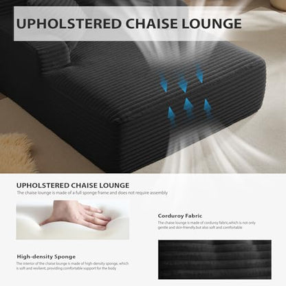 Oversized Black Corduroy Chaise Lounge with Armrests and Pillows, view 5