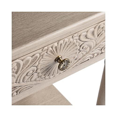 SAFAVIEH Home Collection – Josie Greige Accent Table with Drawer & Shelf, Old World Farmhouse Nightstand, Carved Floral Detail (ACC5706B)