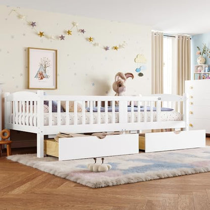 JIVOIT Twin XL Platform Bed with Full-Length Guardrails, Low Platform Bed with Two Drawers, Wood Slats Support, Cute & Childlike Headboard Design, No Box Spring Needed (White,Twin XL,6)