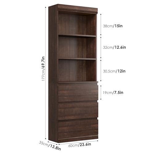70" Tall Bookcase with Drawers, Bookshelf w/ 3 Tier Open Shelves & 3 Storage Drawers, Modern Deep Storage Book Shelf Storage Cabinet Organizer for Living Room Office Library (Brown)