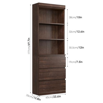 70" Tall Bookcase with Drawers, Bookshelf w/ 3 Tier Open Shelves & 3 Storage Drawers, Modern Deep Storage Book Shelf Storage Cabinet Organizer for Living Room Office Library (Brown)