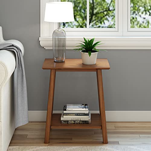 Wooden Side Table with Storage, Mid Century Modern End Tables for Living Room, Small Solid Wood Nightstand, Bedside Tables, Bedroom Furniture, Pecan