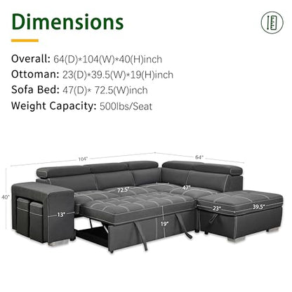 104'' Microfiber L Shaped Sectional Sleeper Sofa Couch with Pull Out Bed and Storage Ottoman, Convertible Couches with Adjustable Headrest for Living Room, Right Facing Chaise. Charcoal Grey