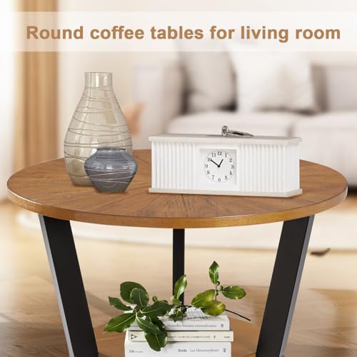 End Table, Round Wood End Table for Living Room with 2-Tier Table Top with Storage Rack, Metal Leg Triangle Support Design, Home Furniture, 25 x 25 x 24 in, Brown