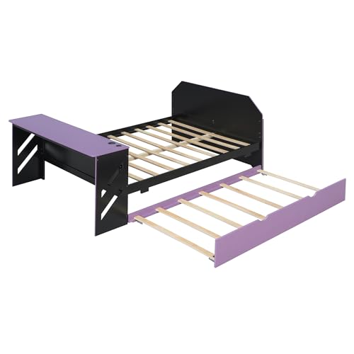 JIVOIT Full Size Daybed with Twin Size Trundle, Wood Daybed with Desk and Cable Management, Stylish Gaming-Inspired Design Sofa Bed, No Box Spring Needed
