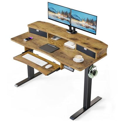 48" x 26" Electric Standing Desk with 2 Drawers & 26.7" Large Keyboard Tray, C-Clamp Mount Compatible, Adjustable Computer Desk for Home Office, Stand Up Desk with 4 Height Presets, Vintage