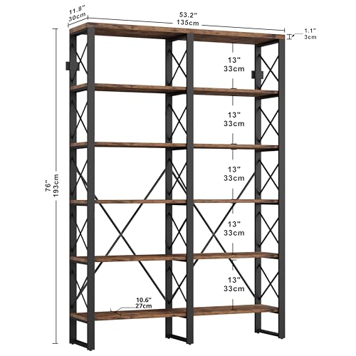 Bookshelf Double Wide 6-Tier 76" H, Open Large Bookcase, Industrial Style Shelves, Wood and Metal Bookshelves for Home Office, Easy Assembly