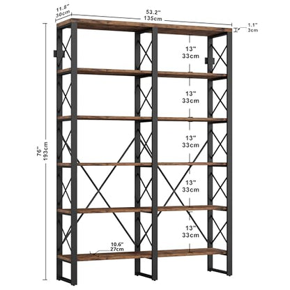 Bookshelf Double Wide 6-Tier 76" H, Open Large Bookcase, Industrial Style Shelves, Wood and Metal Bookshelves for Home Office, Easy Assembly