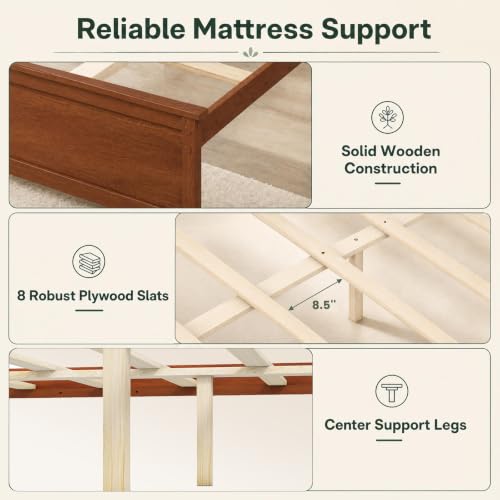 King Size Bed Frame with Headboard, Wood Platform Bed (Walnut), view 6