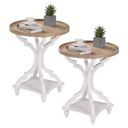 Farmhouse Round Accent End Table, Rustic Side Table Nightstands for Living Room, Wood Tray Top, Handcrafted Finish, Set of 2, White