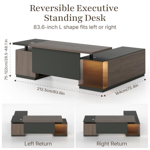 Reversible 84 Inch L Shaped Executive Sit Stand Desk Walnut/Black, view 3