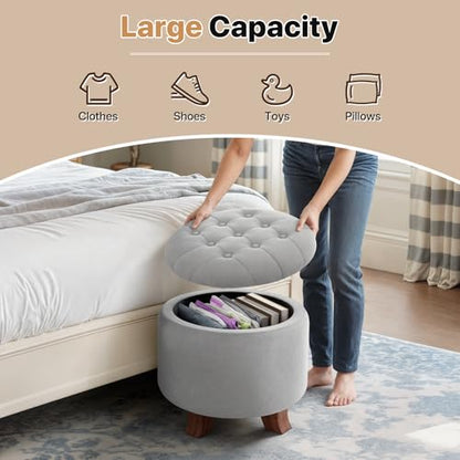 Round Ottoman, Ottoman with Storage, 20 Dia. x 17 H Inches Foot Rest Stool with Legs for Bedroom, Living Room, Decorative Home Furniture, Light Gray