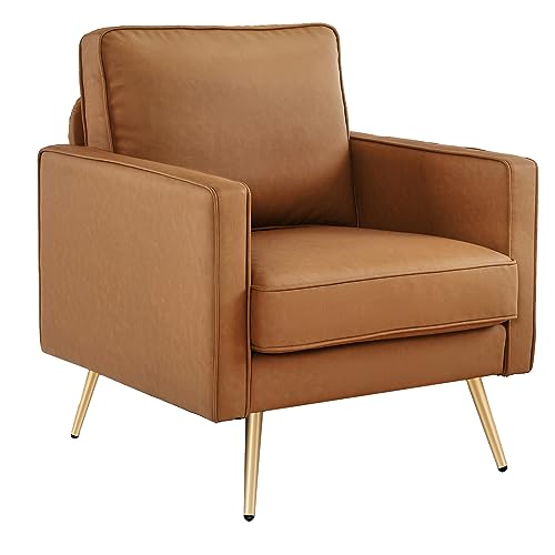Modern PU Leather Accent Chair for Living Room,Bedroom Comfy Chair Arm Chair Reading Chair with Golden Metal Legs and Deep Seat for Office,Apartment,Small Space,Cognac
