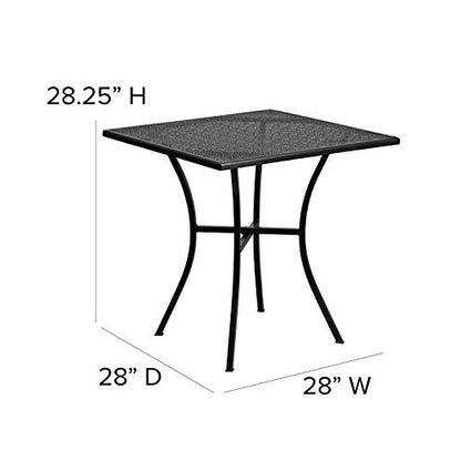 Oia 28" Commercial Grade Steel Patio Table, Modern Square Rain Flower Design Outdoor Dining Table, Black