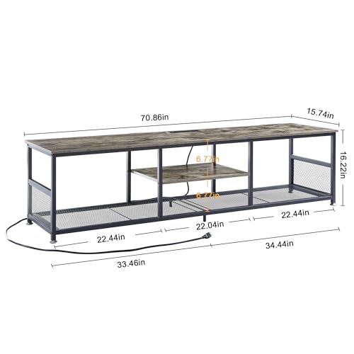 TV Stand with Power Outlets for Televisions up to 80Inch, 70" Media Entertainment Center with Charging Station 3-Tier Open Storage Shelves with Metal Frame for Living Room/Bedroom，Grey
