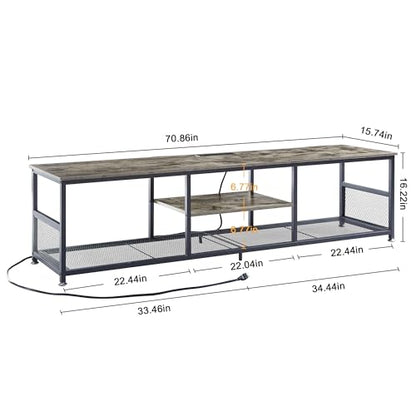 TV Stand with Power Outlets for Televisions up to 80Inch, 70" Media Entertainment Center with Charging Station 3-Tier Open Storage Shelves with Metal Frame for Living Room/Bedroom，Grey