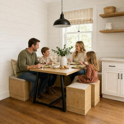 Corner Dining Table Set with Storage, 43" Breakfast Nook Table Set, Corner Booth Dining Table for Kitchen, Banquette Bench with Hidden Storage & 2 Ottomans, Seats 4-6, Natural Wood