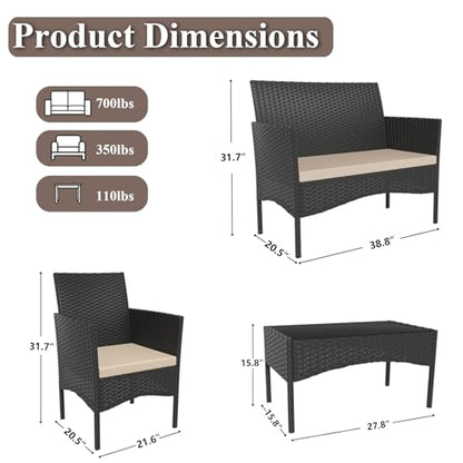 4 Piece Patio Rattan Conversation Set, Outdoor Rattan Chair Wicker Furniture Set, Couple Seats and Tempered Glass Table,Comfort Seat for Patio, Pool or Backyard