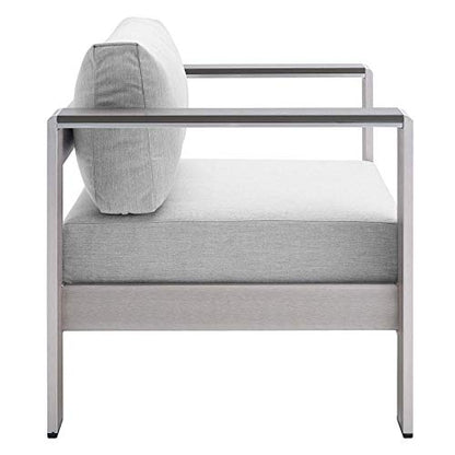Shore Aluminum 4 Piece Outdoor Patio Furniture Set | Weather Resistant | Sunbrella Cushions | Sofa, Armchairs, Coffee Table